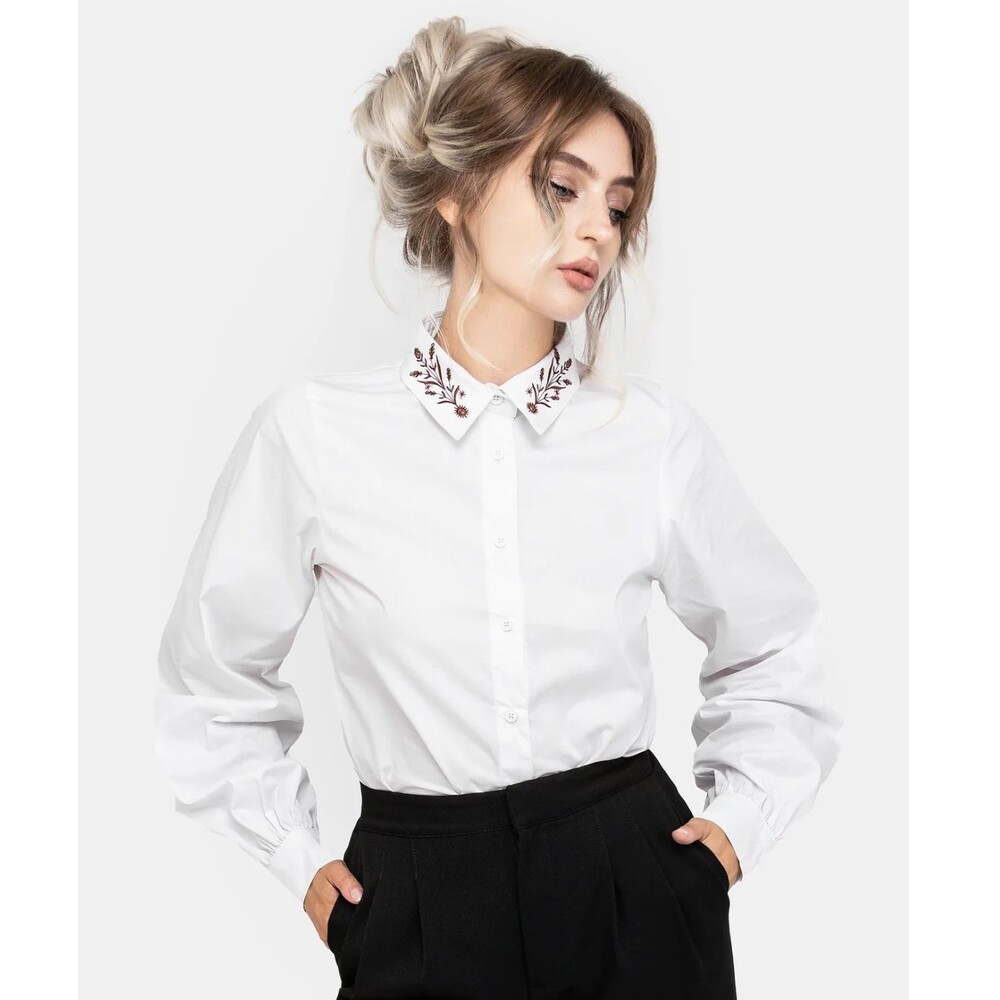 Disturbia Cybele Button Up Shirt Women US 8 White Embroidered Collar Goth Witchy